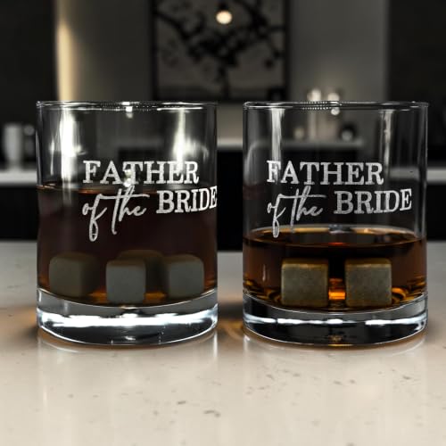 Father of the Bride Whiskey Glass Gift Set, 2 Engraved Rocks Glasses with Whiskey Stones, Wedding Gift (12 Ounce) - size: 12 Ounces
