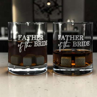 Father of the Bride Whiskey Glass Gift Set, 2 Engraved Rocks Glasses with Whiskey Stones, Wedding Gift (12 Ounce) - size: 12 Ounces