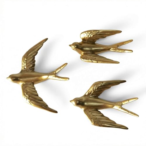 ZASEUCI Bird Wall Sculpture Art Set of 3, 5.1 Inch Resin 3D Sculpted Birds, Hanging Wall Decor and Elegant Wall Art for Home, Living Room, Bedroom, Hallway, or Office - color: Gold
