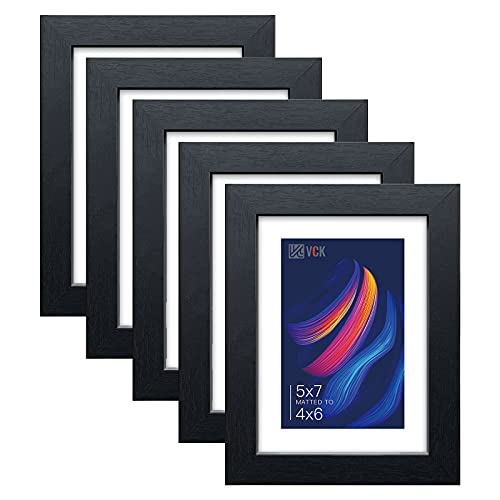 VCK 5x7 Picture Frame Black - 5 Pack, with Tempered Glass, Displays 4x6 Photo with Mat or 5 x 7 Without, for Horizontal/Vertical Tabletop & Wall Hanging in Home, Office, or Gallery - color: Black, size: 5x7, style: 5 Pack