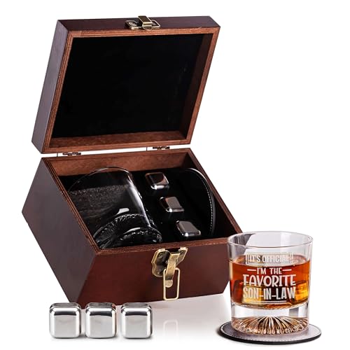 shop4ever It's Official, Favorite Son In Law Whiskey Gift Set, With Glass | Leather Coaster, Stainless Steel Stones, Wood Box, Gift For Men, Fathers Day Present, Wedding Idea, In Law Gift