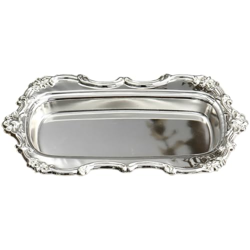 Silver Iron Serving Tray, 7.9 x 4.7 in Rectangular Decorative Plate, Embossed Classic Dessert Holder, Light Luxury Style for Snack Fruit Display and Jewelry Organizer