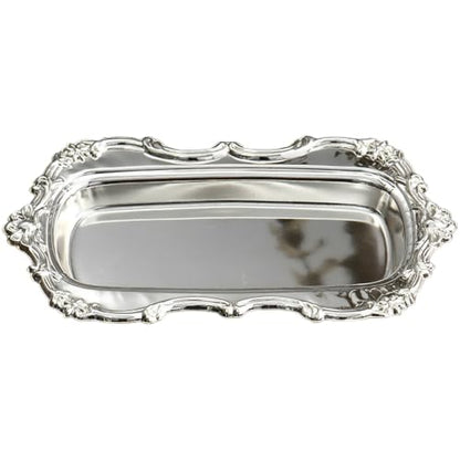 Silver Iron Serving Tray, 7.9 x 4.7 in Rectangular Decorative Plate, Embossed Classic Dessert Holder, Light Luxury Style for Snack Fruit Display and Jewelry Organizer
