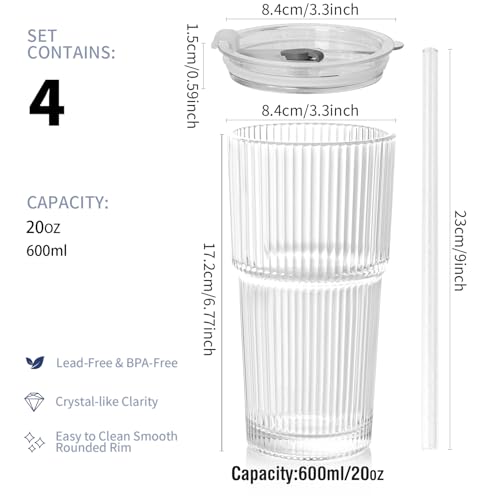 Ribbed Glass Tumbler Set of 4-20oz Coffee Tumbler with Lids and Straws - Leakproof Inverted for Iced Coffee, Smoothies & Cocktails - Glasses Drinking Set & Drinking Cups Durable Glassware