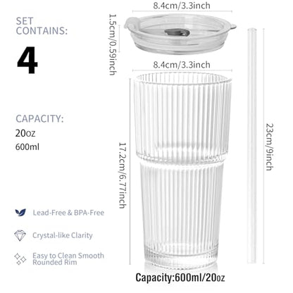 Ribbed Glass Tumbler Set of 4-20oz Coffee Tumbler with Lids and Straws - Leakproof Inverted for Iced Coffee, Smoothies & Cocktails - Glasses Drinking Set & Drinking Cups Durable Glassware