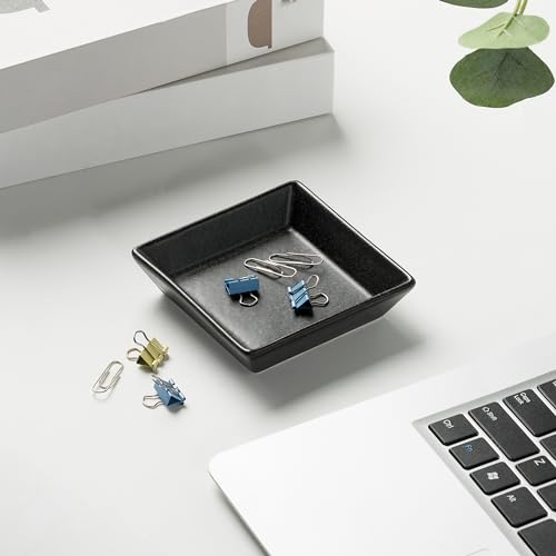 Ceramic Trinket Dish, Small Jewelry Ring Tray for Keys, Black | Glazed ceramic jewelry tray. Stores rings, earrings, necklaces, bracelets. Easy to clean. Perfect for vanity and entryway. - color: Black Surface