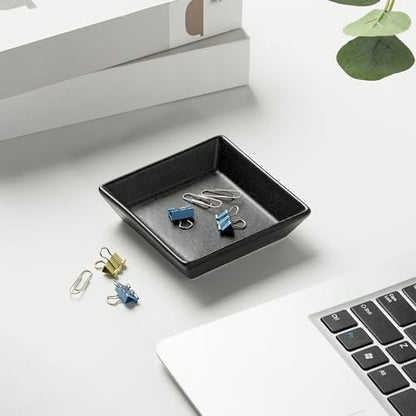 Ceramic Trinket Dish, Small Jewelry Ring Tray for Keys, Black | Glazed ceramic jewelry tray. Stores rings, earrings, necklaces, bracelets. Easy to clean. Perfect for vanity and entryway. - color: Black Surface