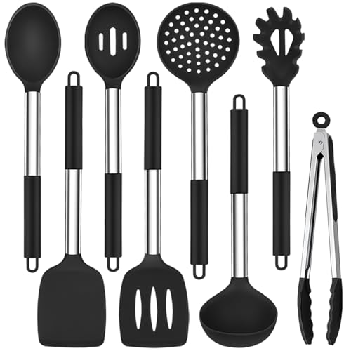 TeamFar Kitchen Utensils Set of 8, Silicone Utensils Kitchen Tools Set | with Stainless Steel Handle, for Frying Serving Flipping Draining, Non-toxic & Heatproof, Nonstick & Dishwasher Safe - Black - color: Black