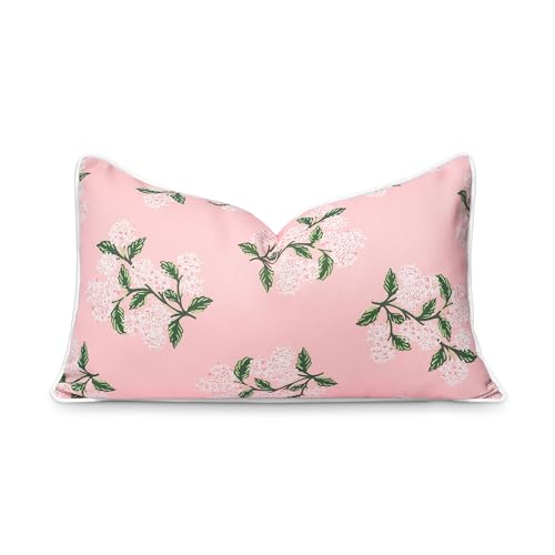 Hofdeco Premium Coastal Patio Indoor Outdoor Lumbar Pillow Cover Only, 12"x20" Water Repellent for Backyard, Couch, Blush Pink Print Hydrangea Flower - color: Blush Pink Hydrangea Flower 12"x20", size: 12"x20"