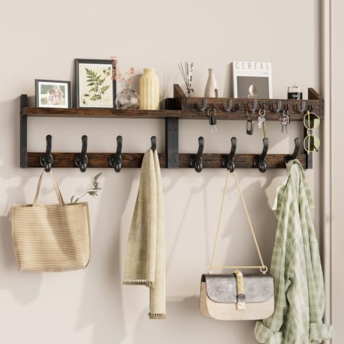 Evermagin 35" Coat Rack Wall Mount with Shelf for Entryway, Rustic Brown | Wall Mounted Coat and Key Rack with Hooks, Key Holder with Mail Organizer for Wall, Living Room, Mudroom, Bedroom - color: Rustic Brown, size: 35 inch