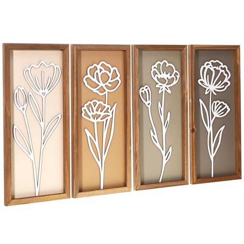 Novabright 3D Wooden Floral Bathroom Wall Decor Set of 4 Neutral Flower Earth Tones Wall Boho Art Botanical Farmhouse Bathroom Decorations for Living Room, Bedroom, Office - color: Neutral, style: Flower