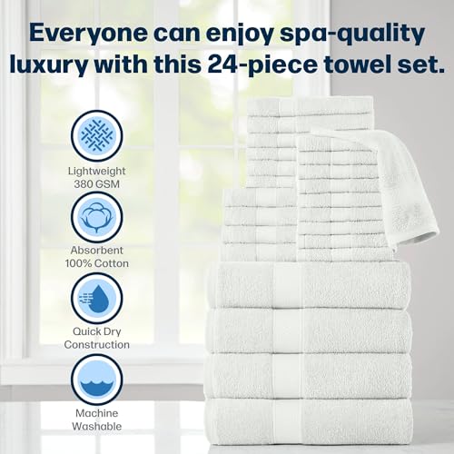 24-Piece Set of Towels, Lightweight 380 GSM Cotton Towels, Quick Drying, Absorbent Hand Towels, Fingertip Towels, Bath Towels, & Washcloths, White - color: White