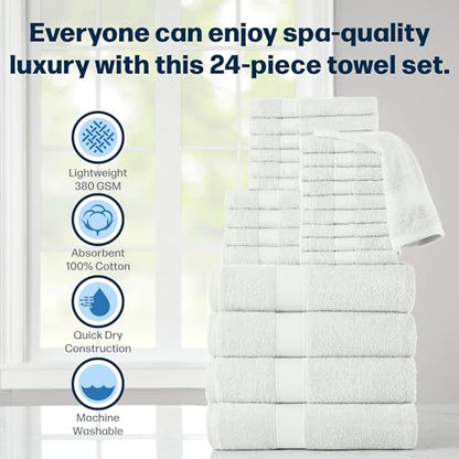 24-Piece Set of Towels, Lightweight 380 GSM Cotton Towels, Quick Drying, Absorbent Hand Towels, Fingertip Towels, Bath Towels, & Washcloths, White - color: White