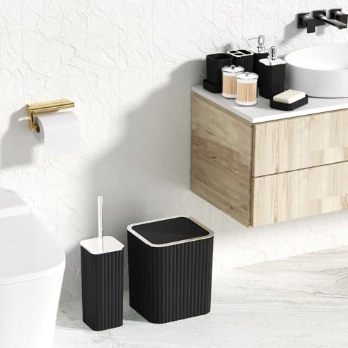 XLHOMO Bathroom Accessories Set - Gorgeous Bathroom Set, 10PC Black Bathroom Accessory Set, Toilet Brush, Trash Can, Qtip Holder & Soap Dispenser - size: Bath Set, style: Black&Silver