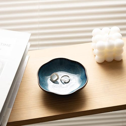 BEUNAIZER Ceramic Ring Dish, 4.3 in Flower Jewelry Tray with Raised Sides | Keeps rings, earrings, keys and hair accessories visible on a vanity, nightstand or bathroom counter. - color: blue