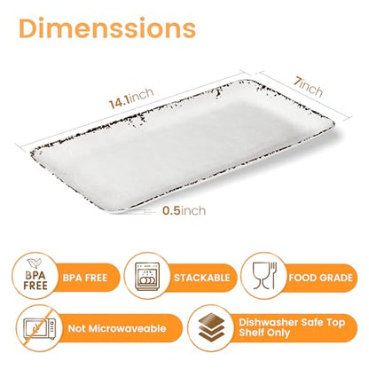 4-Pack 14" x 7" White Serving platter Set, Reusable Farmhouse Melamine Serving Platters for Cookie, Appetizer, Charcuterie, Snack, Party Food Display - Stackable Kitchen CounterTop Tray. - color: Farmhouse Rect Platter
