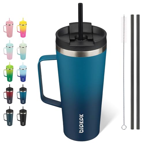 BJPKPK 22oz Insulated Tumbler with Handle, Lid & Straw, Stainless Steel | Double Wall Vacuum Insulated Coffee Travel Mug - Keeps Cold & Hot, BPA Free, Cupholder Fit for Office, Gym & Travel - color: Sea, size: 22 Ounces