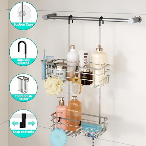 HapiRm Hanging Shower Caddy Organizer - No Drilling Shower Shelves with Hooks and Toothbrush Holder, Rustproof 304 Stainless Steel Bathroom Organizer - Brushed Nickel - color: Brushed Nickel