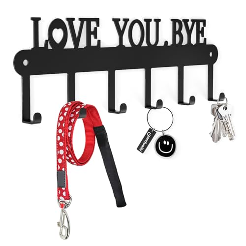 Key Holder for Wall - 'Love You Bye' Key Hooks, Black, 6 Hooks | Key Holder Wall Mount Self Adhesive, Key Rack Wall Mount for Wall No Drill for Living Room, Kitchen, Bathroom, Garage - color: Love You Bye' Black