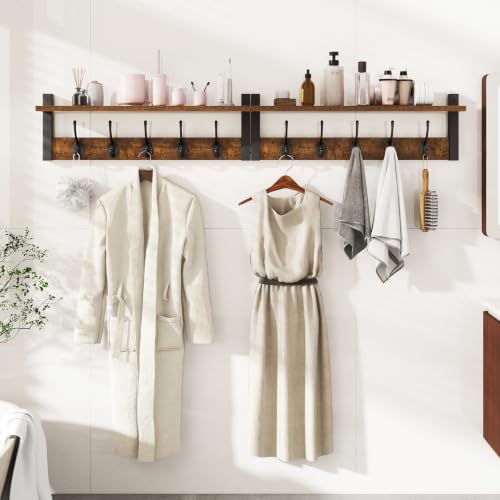 47.2" Coat Rack Wall Mount with Shelf and 10 Hooks, Rustic Brown UHWS004H-2 | 2 Pack Coat Hooks Wall Mount, Wood Wall Mounted Coat Rack with Hooks, Coat Hanger Wall Mount, Wall Hooks for Hanging - color: Rustic Brown