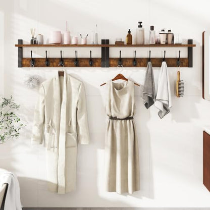 47.2" Coat Rack Wall Mount with Shelf and 10 Hooks, Rustic Brown UHWS004H-2 | 2 Pack Coat Hooks Wall Mount, Wood Wall Mounted Coat Rack with Hooks, Coat Hanger Wall Mount, Wall Hooks for Hanging - color: Rustic Brown