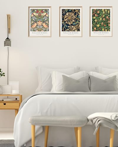UPWOIGH William Morris Inspired Framed Prints, 12 x 16 Inch, Set of 3 | Strawberry Thief, Honeysuckle and Fruit Prints, Rich Blue and Gold Tones, Light Wood Frames for Bedroom and Gallery Wall - color: Morris Gold MDF