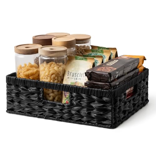 GRANNY SAYS Wicker Storage Baskets for Shelves, Black Wicker Basket,1-Pack | Waterproof Wicker Baskets for Organizing, Shallow Basket,Woven Baskets for Storage,Plastic Storage Baskets Moisture Resistant - color: Black, size: 15¼"L x 11¾"W x 4¾"H