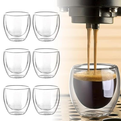 Double Walled Espresso Cups Set of 6, 2.7oz Insulated Clear Glass Coffee Mugs, Espresso Shot Glasses Cups for for Coffee Cappuccino Latte Tea, Gift for Chrismas, Brithday