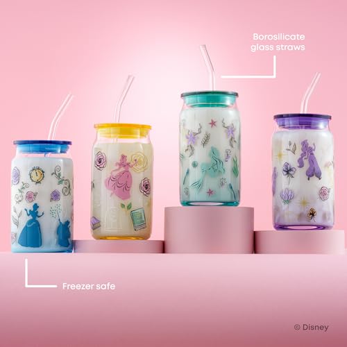 JoyJolt Disney Princess Icon Glass Tumblers with Lids and Straws, 16oz Glass Cups with Lids and Straws ft Princess Jasmine Ariel Cinderella Belle, 4pc Can Shaped Drinking Glasses, Iced Coffee Cups - style: Princess