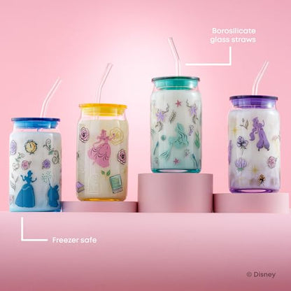 JoyJolt Disney Princess Icon Glass Tumblers with Lids and Straws, 16oz Glass Cups with Lids and Straws ft Princess Jasmine Ariel Cinderella Belle, 4pc Can Shaped Drinking Glasses, Iced Coffee Cups - style: Princess