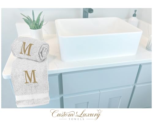 White Hand Towels for Bathroom with Monogram | Luxury Cotton Turkish Towels | Embroidered in USA | Set of 2 | Choose Set Color and Letter | A - Z | Modern Font - color: White