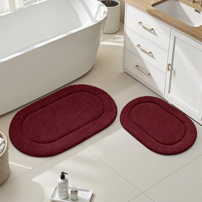 HOMEIDEAS Burgundy Red Oval Bathroom Rug Sets 2 Piece 20" x 32" + 16" x 24" | Microfiber Bath Mats, Non-Slip TPR Backing, Ultra Absorbent & Quick Dry, Machine Washable for Bathroom, Shower, Tub - color: Burgundy Red