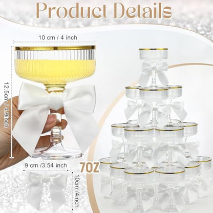 Set of 24 Plastic Champagne Coupe Glasses with Bow 7 oz Gold Champagne Tower Set Stackable Acrylic Ribbed Martini Glasses Cocktail Coupe Cup for Wedding Birthday Party Bar(Ribbon,White) - color: White, style: Ribbon