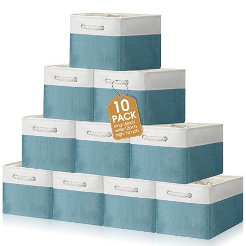 FoldTier 10 Pack Large Collapsible Fabric Storage Baskets with Handles Decorative Storage Bins for Organizing Shelves Toys Clothes(White & Blue,16 x 12 x 10 Inches) - color: White & Blue, size: 16 x 12 x 10 inches