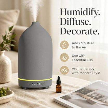 200ML Ceramic Essential Oil Diffuser for Home, Stone Diffuser | Ultrasonic Aromatherapy Diffuser & Air Humidifier for Bedroom, Office, Yoga, 7 LED Lights, Auto Shut-Off, 3 Timers, Grey - color: Grey