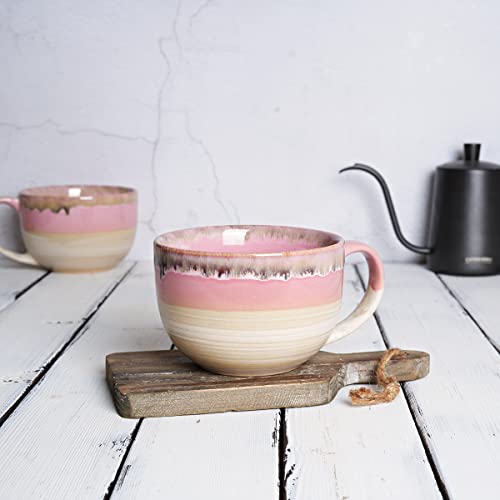 Ceramic Jumbo Coffee Mug Set of 2, 23 Oz, Large Mug Soup Bowls with Handles, Dishwasher and Microwave Safe (Pink) - color: Pink
