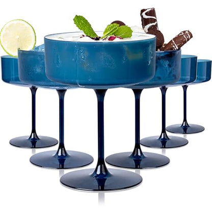 Ciaell 12 Pack Blue Plastic Martini Glasses for Bars Parties | 10 oz Blue Coupe Cocktail Cups, Heavy Duty Plastic, Cocktails Whiskey Margaritas Wine for Weddings Birthdays Anniversaries - color: Basic Blue