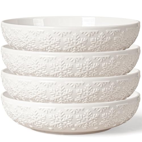 Pasta Bowls 32oz, Ceramic Large Salad Bowls 8 inch, White Embossed Soup Bowl Set of 4 for Entertaining, Serving, Dinner, Wide Shallow Microwave Dishwasher Oven Safe (Snowflake) - color: Snowflake