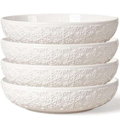 Pasta Bowls 32oz, Ceramic Large Salad Bowls 8 inch, White Embossed Soup Bowl Set of 4 for Entertaining, Serving, Dinner, Wide Shallow Microwave Dishwasher Oven Safe (Snowflake) - color: Snowflake