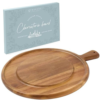 Charcuterie Board - Round Acacia Wood Cutting Board for Kitchen with Groove & Handle, Cheese Board for Vegetables, Bread, Fruits, Meat - Decorative Wooden Serving Tray House Warming Gift - size: 16"L x 13"W