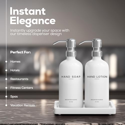White Glass Soap and Lotion Dispenser Set by Brighter Barns - Bathroom Soap Dispenser Set Tray - Liquid Hand Soap Dispenser Pump - Modern Bathroom Accessories for Guest, Hotel, Spa, Restaurant (White) - color: White/Silver Sl