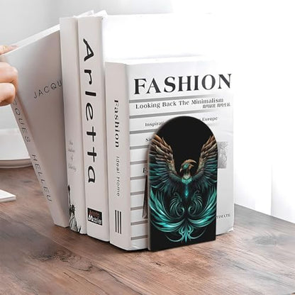 Book Ends for Shelves Fantasy Phoenix Non Skid Wooden Bookends Heavy Duty Decorative Book Stoper for Home Office Library