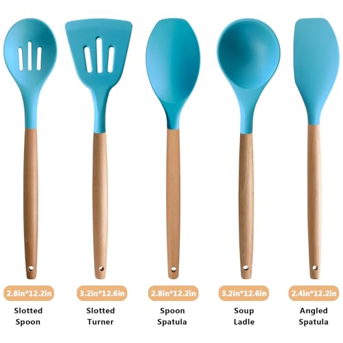 Silicone Kitchen Cooking Utensils Set, 5-Piece Non-Stick Silicone Kitchen Utensils Spatula Serving Spoons Turner Ladle Set w Wooden Handle Heat Resistant Cooking Gadgets for Nonstick Cookware - color: Light Blue, size: Standard 5-Piece Set