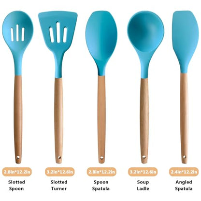 Silicone Kitchen Cooking Utensils Set, 5-Piece Non-Stick Silicone Kitchen Utensils Spatula Serving Spoons Turner Ladle Set w Wooden Handle Heat Resistant Cooking Gadgets for Nonstick Cookware - color: Light Blue, size: Standard 5-Piece Set