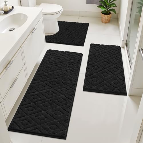 Bsmathom 3 Piece Bathroom Rug Sets, Non Slip Microfiber Bath Mat, Black | Plush Water Absorbent Bath Rug Sets with U-Shaped Contour Toilet Mat, Machine Washable Carpet for Bathroom Sink, Shower - color: Black