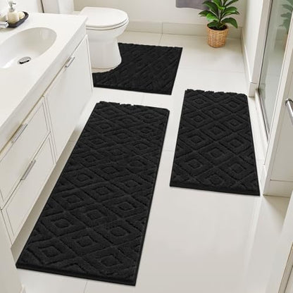 Bsmathom 3 Piece Bathroom Rug Sets, Non Slip Microfiber Bath Mat, Black | Plush Water Absorbent Bath Rug Sets with U-Shaped Contour Toilet Mat, Machine Washable Carpet for Bathroom Sink, Shower - color: Black