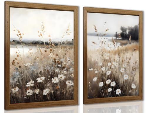 Set of 2 Framed Wall Art 12x16 Inch, Neutral Abstract Floral Canvas Prints with Solid Wood Frame, Waterproof Fade Resistant Wildflower Landscape Decor for Living Room Bedroom Bathroom Farmhouse Wall Decor - color: yehua, size: 16"L x 12"W