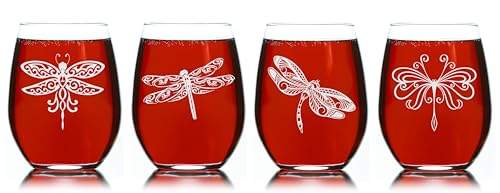 C M Dragonfly Stemless Wine Glass Set, 4 Pieces, 17 oz | Dragonfly Themed, For Women and Men, Gift