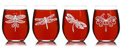 C M Dragonfly Stemless Wine Glass Set, 4 Pieces, 17 oz | Dragonfly Themed, For Women and Men, Gift