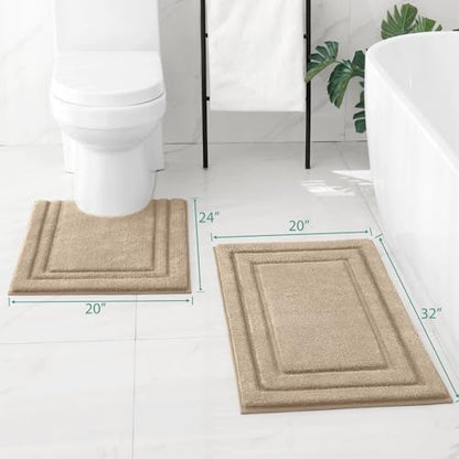 HOMEIDEAS Bathroom Rugs Sets 2 Piece, Super Soft and Absorbent Non Slip Microfiber U-Shaped Toilet Bath Mat Set (20"x32"+U20 x24, Khaki) - color: Khaki, size: 1'8" x 2'8" (20"x32"+U Shape 20"x24")